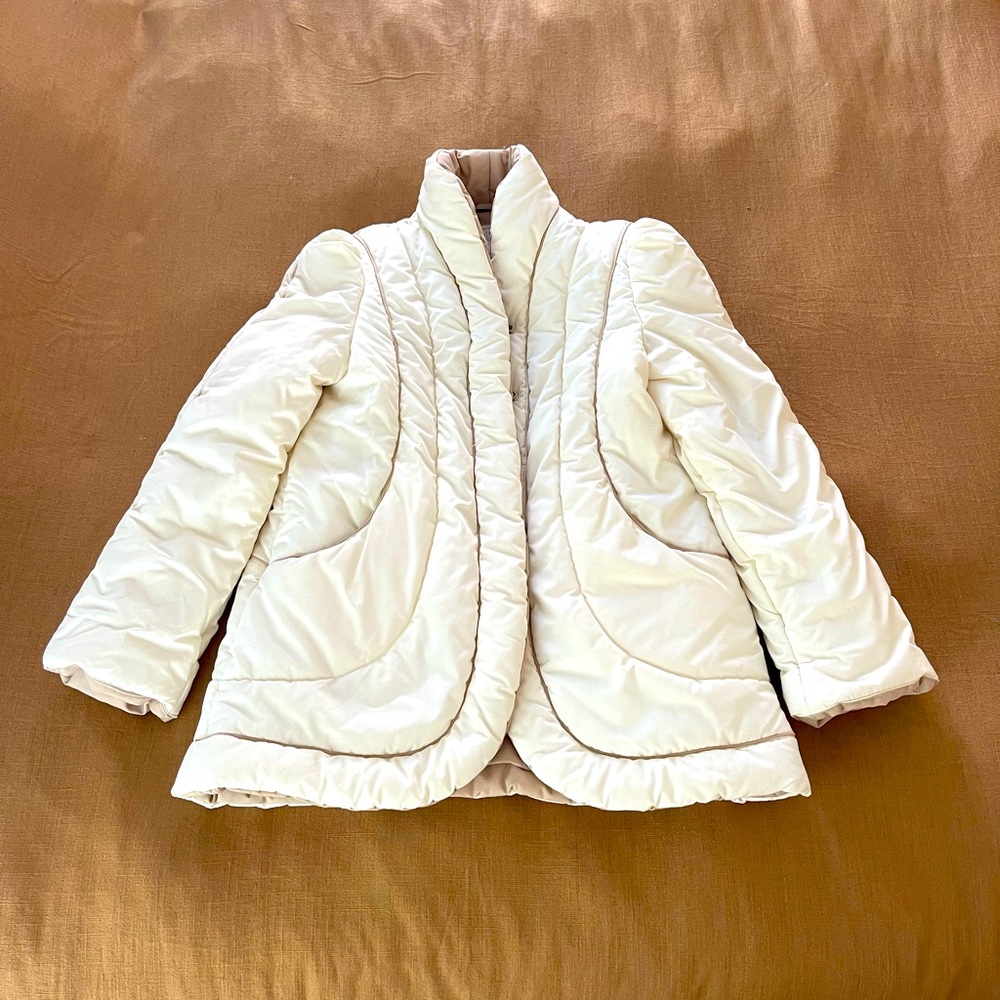 Authentic vintage 80s puff jacket coat ivory/cream with taupe piping, M/L (8-12)